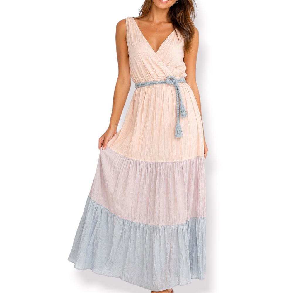 Flying Tomato Maxi Dress Blush Pink Blue Colorblock Crinkle Boho Resort Belted
